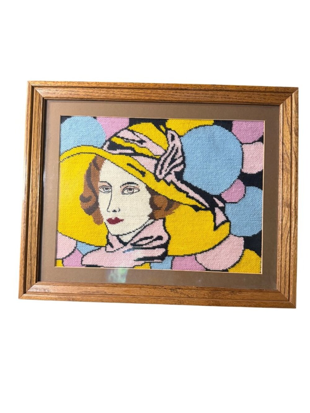 Vintage Handmade Needlepoint Art Deco Portrait In Wooden Frame - Vibrant Colors